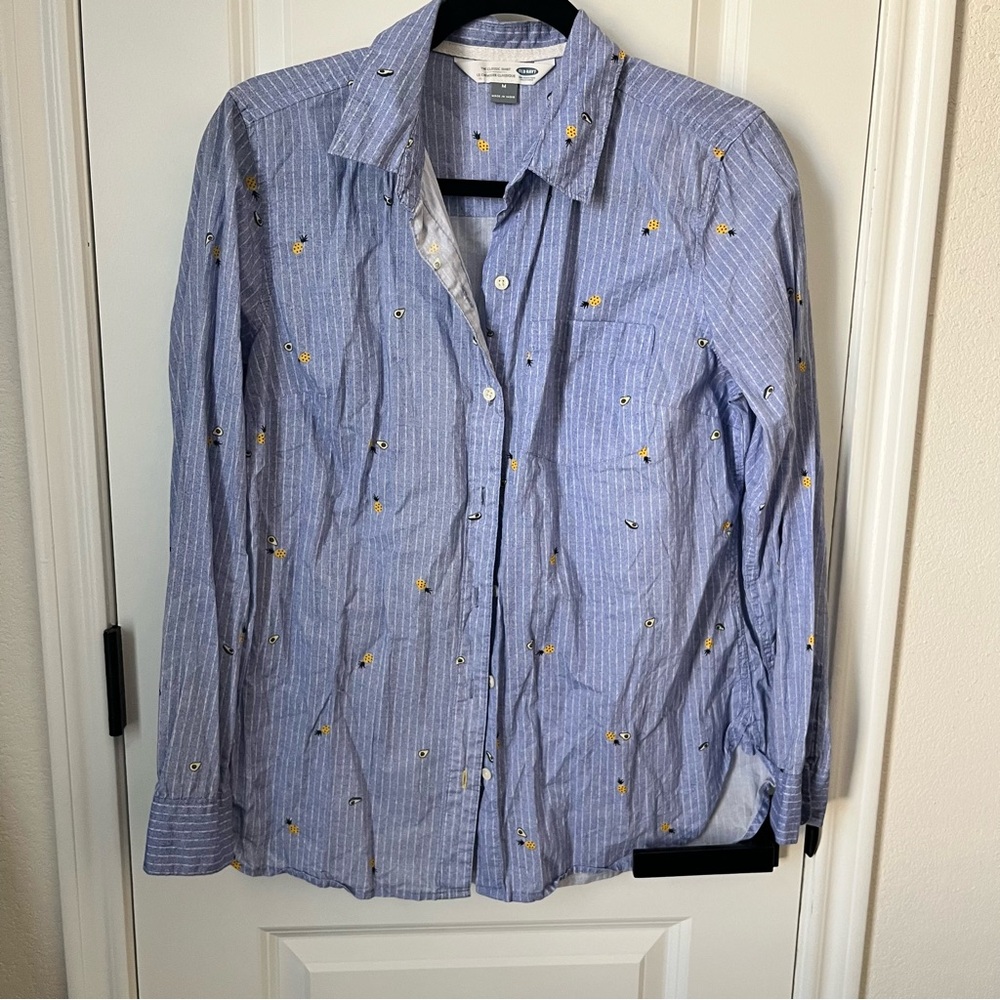 Blue Striped Pineapple & Avocado Button-Up Shirt - Women M